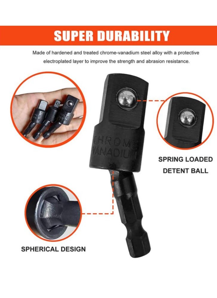 Bukela - Power Drill Sockets Adapter Impact Driver Adapter 360 Degrees Rotatable Hex Shank Impact Driver Socket Adapter Socket to Drill Adapter 1/4" 3/8" 1/2" Impact Driver Adapter 3 Piece - Image 1
