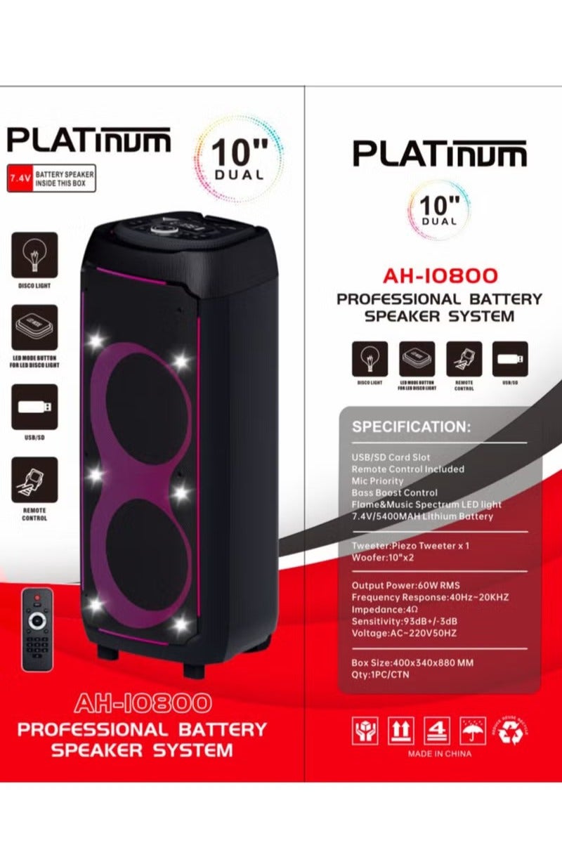 Platinum Bluetooth Speaker , Professional Battery Powered Speaker System, 10" Deep Bass Boost Control, 7.4V/5400mAh Lithium Battery, Bluetooth, SD Card Slot, USB Port, Remote Control, 60W RMS Flame & Music Spectrum LED light , AH-10800 - Image 1