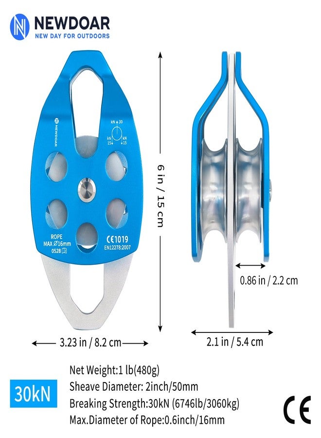 NewDoar 30 KN CE Certified Large Rescue Pulley Double Sheave with Swing Plate for Outdoor Mountaineering Rock Climbing Rescue(Blue 2pcs) - Image 2