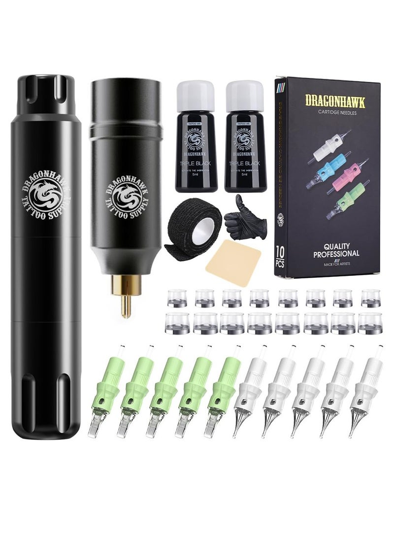 Dragonhawk - Dragonhawk S12 Wireless Tattoo Pen Kit, Rotary Tattoo Machine Gun Kit, Complete Tattoo Kit for Beginner, 10Pcs Tattoo Cartridges Needles - Image 1