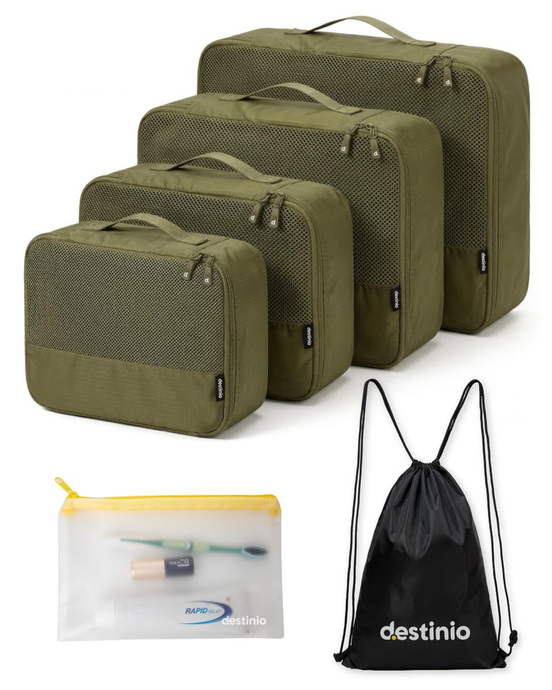 Destinio Packing Cubes for Travel, 6 in 1 Water Resistant Travel Organizer Pouch Set (4 Cubes+ Drawstring Bag+ Cosmetic Pouch), Luggage Suitcase Wardrobe Organiser Bags for Clothes Shoes (Green) - Image 1