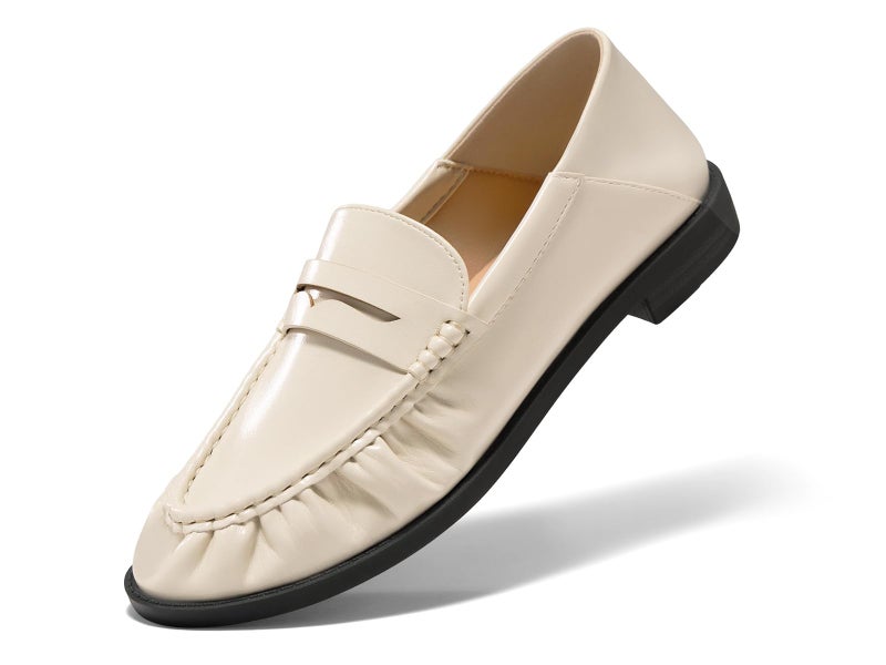 Coutgo Penny Loafers for Women Comfortable Slip on Shoes Collapsible Heel Closed Toe Dressy Casual Work Flats, Beige, Size 6 - Image 1