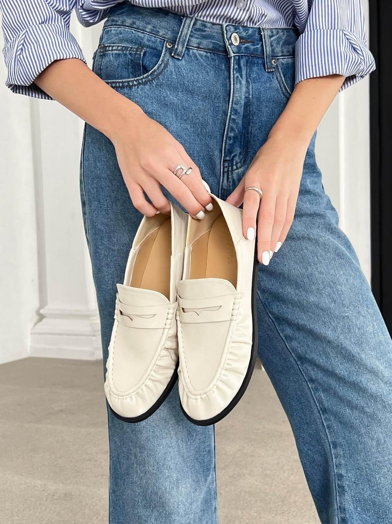 Coutgo Penny Loafers for Women Comfortable Slip on Shoes Collapsible Heel Closed Toe Dressy Casual Work Flats, Beige, Size 6 - Image 2