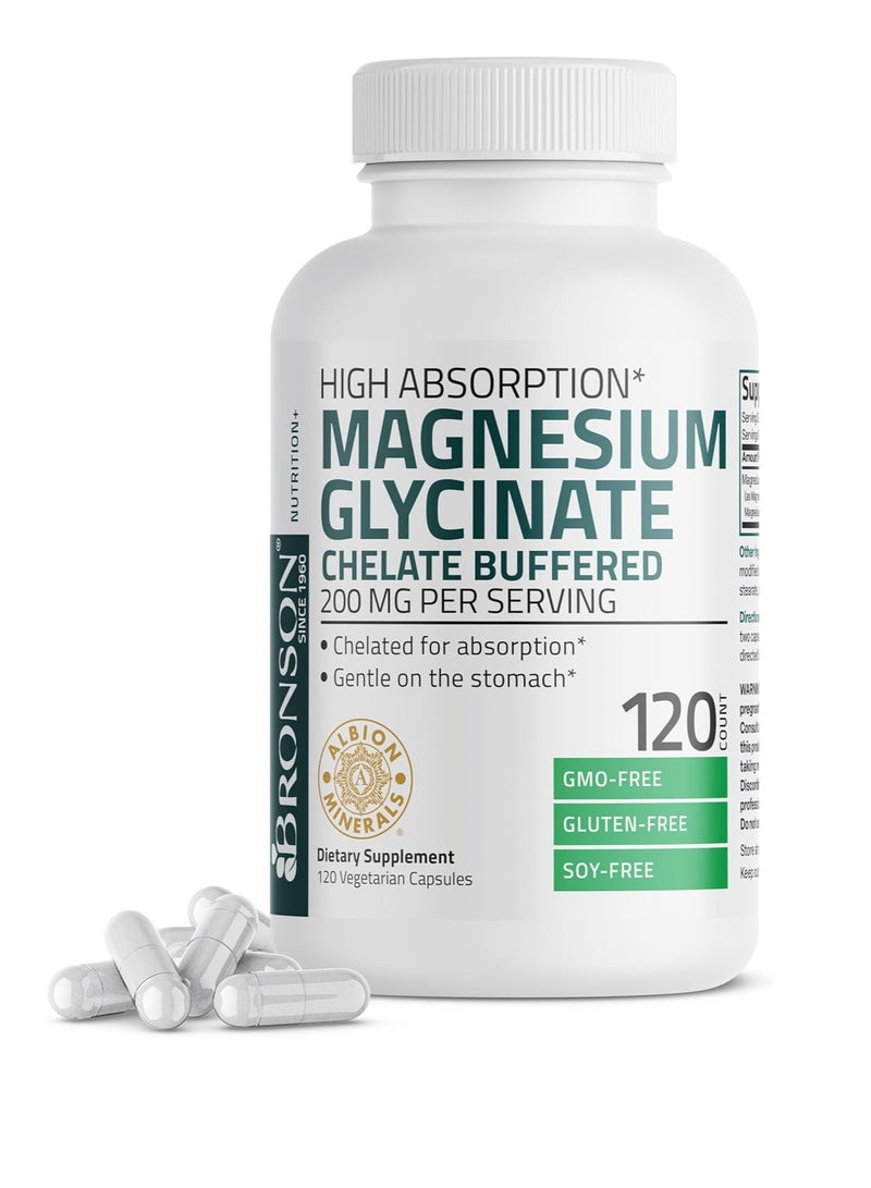 Bronson Magnesium Glycinate 200 MG per Serving Chelated for High Absorption, Gentle On Stomach, Non-GMO, 120 Vegetarian Capsules - Image 1