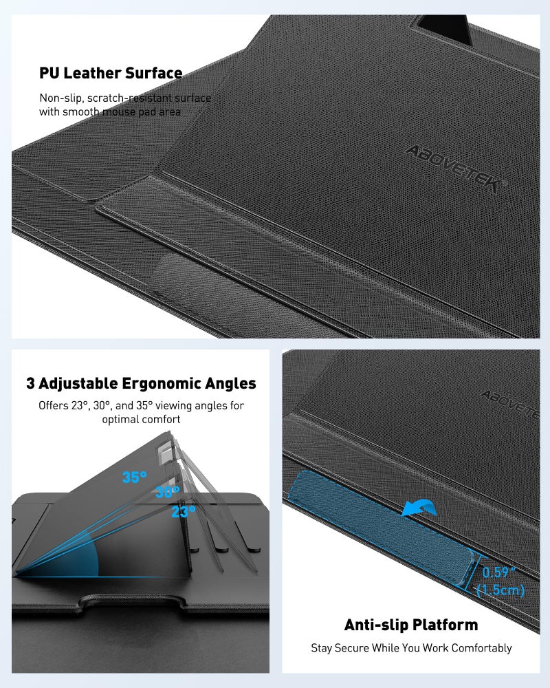 AboveTEK Adjustable Laptop Lap Desk, 3 Ergonomic Angles, PU Leather Non-Slip Surface, Heat Shield, Retractable Mouse Pad, Portable Laptop Lap pad Workstation for Bed, Sofa, Travel - Image 5