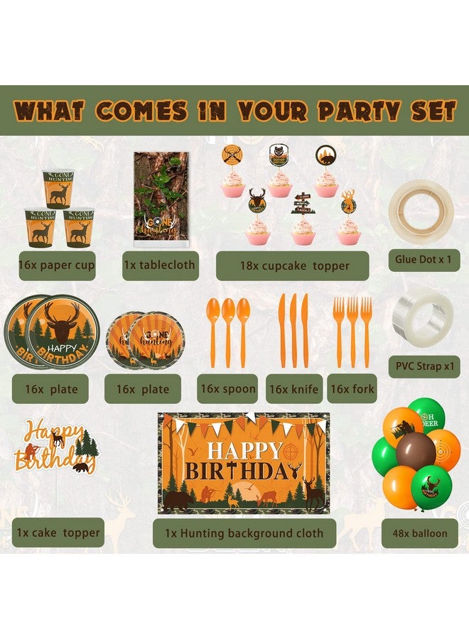 Suclain 165 Pcs Hunting Birthday Party Decorations Deer Birthday Party Decorations Includes Hunting Backdrop Balloons Cake Cupcake Topper Plates Paper Cup Knives Forks Spoons Tablecloths(Backdrop) - Image 3