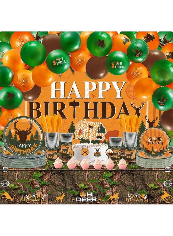 Suclain 165 Pcs Hunting Birthday Party Decorations Deer Birthday Party Decorations Includes Hunting Backdrop Balloons Cake Cupcake Topper Plates Paper Cup Knives Forks Spoons Tablecloths(Backdrop) - Image 1