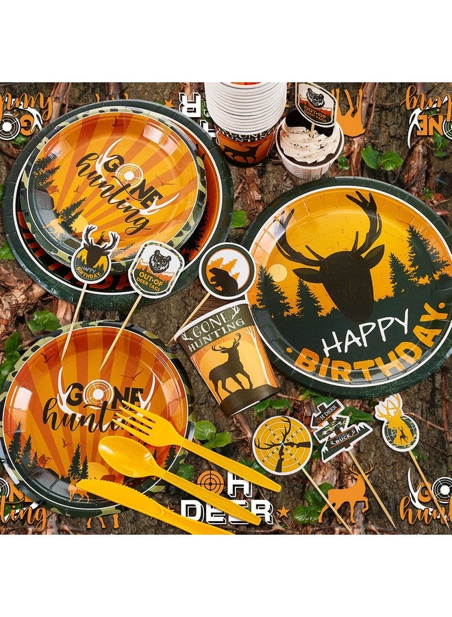 Suclain 165 Pcs Hunting Birthday Party Decorations Deer Birthday Party Decorations Includes Hunting Backdrop Balloons Cake Cupcake Topper Plates Paper Cup Knives Forks Spoons Tablecloths(Backdrop) - Image 4