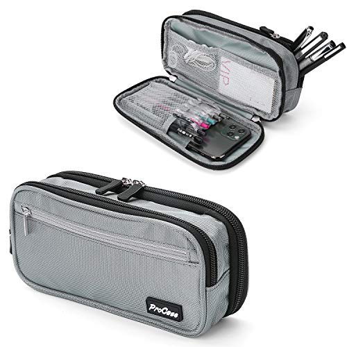 ProCase Pencil Case Pen Bag, Two Layers Big Capacity Pencil Pouch Pen Organizer Durable Stationery Holder for Marker Organization School Supplies Office Storage Desk Organizing -Grey - Image 1