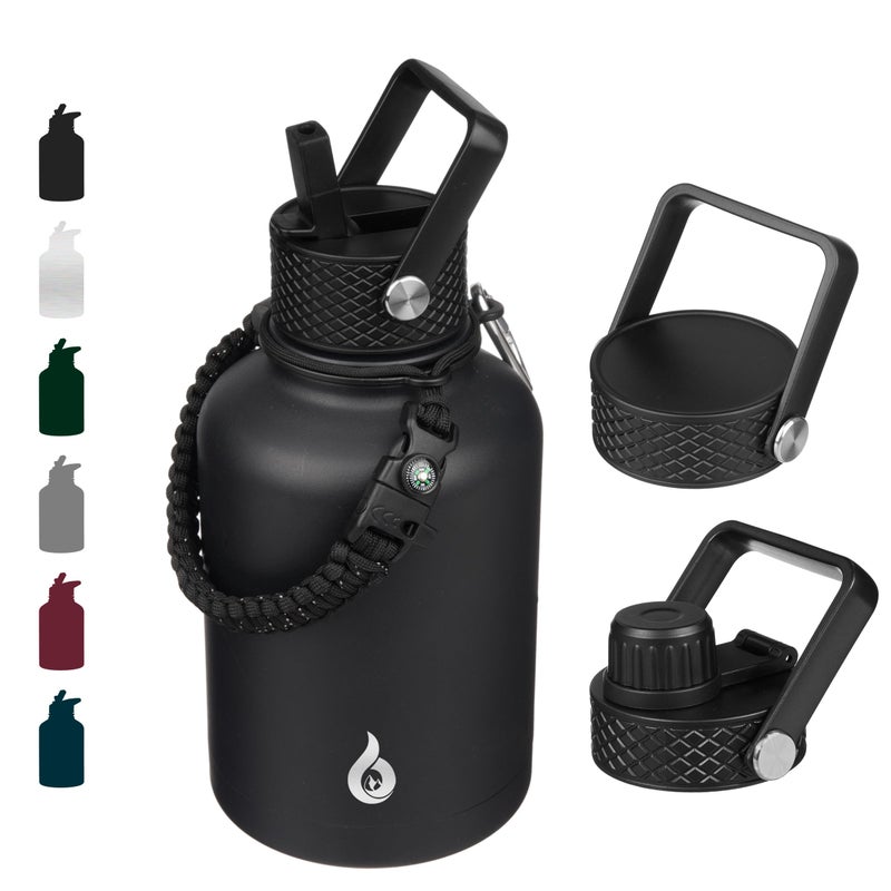 BJPKPK Insulated Water Bottles with Straw Lid 50oz Large Water Jug Stainless Steel Vacuum Bottles Hot  Cold Thermos with 3 Lids and Paracord Handle Black