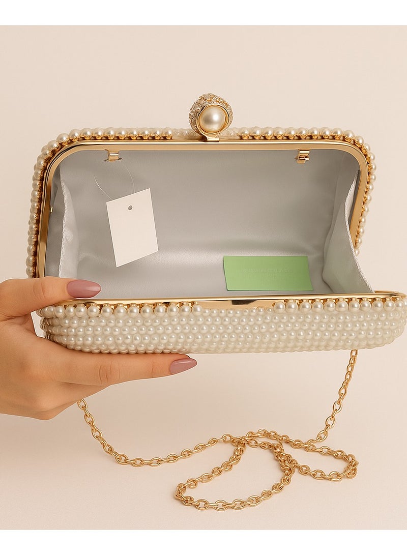 Women’s Pearl Beaded Evening Clutch with Chain – Elegant Wedding & Party Bag - Image 2
