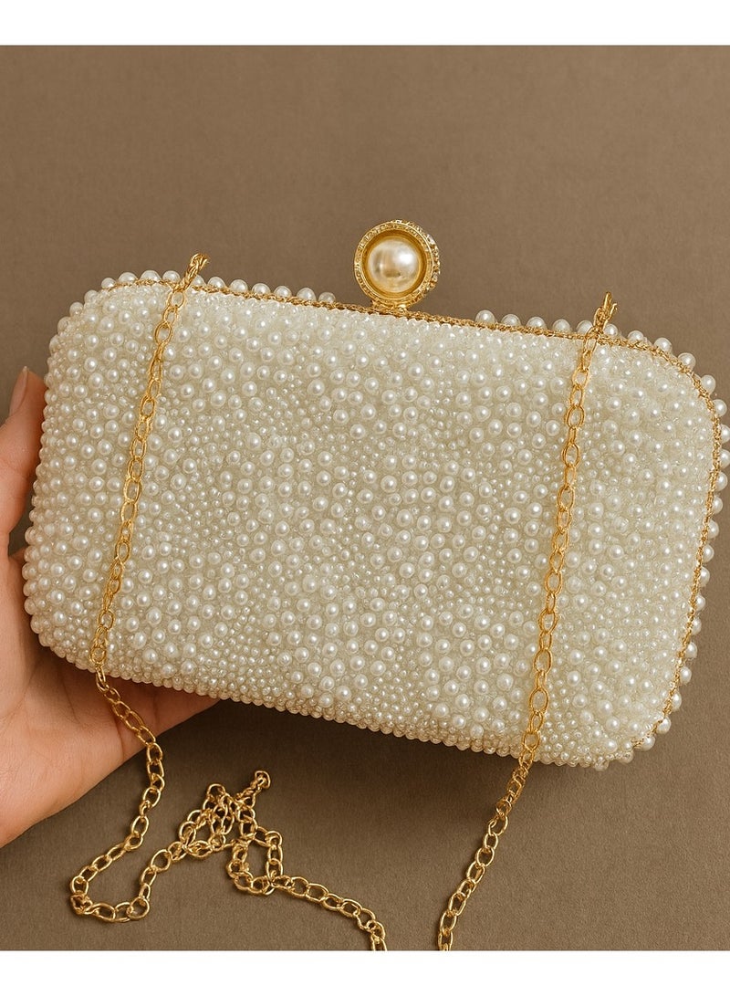 Women’s Pearl Beaded Evening Clutch with Chain – Elegant Wedding & Party Bag - Image 1