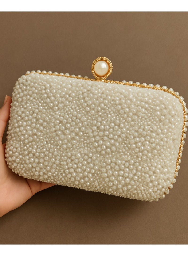 Women’s Pearl Beaded Evening Clutch with Chain – Elegant Wedding & Party Bag - Image 3