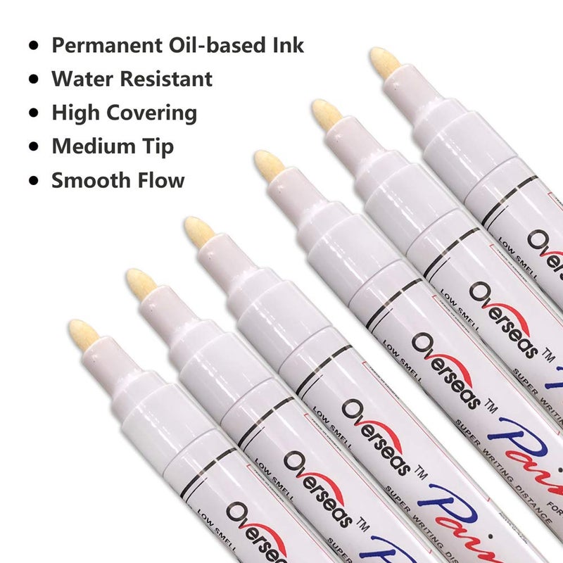 Overseas White Paint Markers Pens - Single color 6 Pack Permanent Oil Based Paint Pen, Medium Tip, Quick Dry and Waterproof Marker for Rock, Wood, Fabric, Plastic, Canvas, Glass, Mugs, Canvas, Glass - Image 2