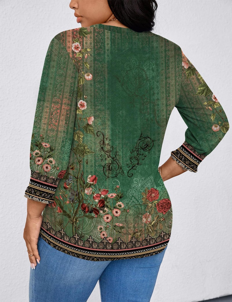 TFSDOD 3/4 Length Sleeve Womens Tops Vneck Tshirts Shirts for Women Spring Tops for Women 2026 Trendy Oversized Blouses Boho Green 4X - Image 3