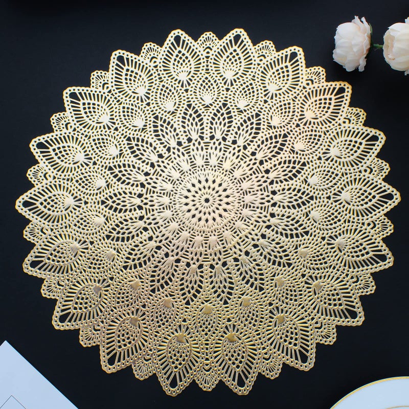 Mabbcoo Gold Round Placemats Hollow Out Washable and Wipeable Place Mats Pressed Vinyl Table Mats Set of 6 for Anniversary Dinner Kitchen Decorations