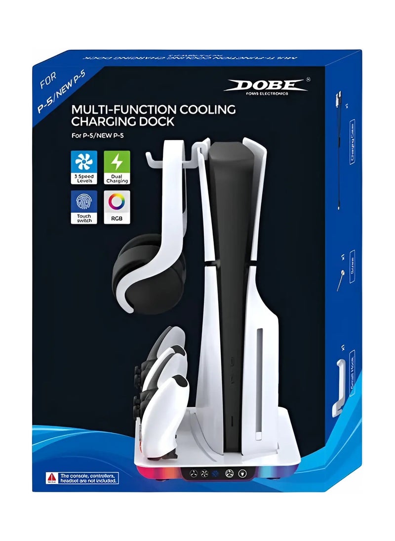 Generic - 5-in-1 Multifunctional Cooling & Charging Stand for PS5 Slim – RGB Lighting, Dual Controller Charger, Efficient Cooling Fan & Organized Storage - Image 1
