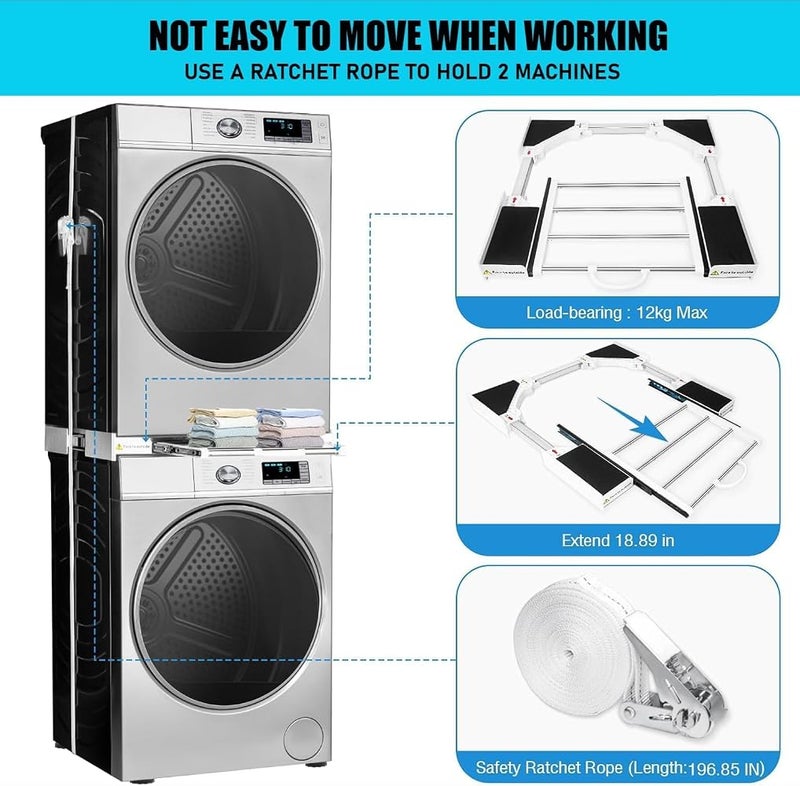 TRZX Universal Washer Dryer Stacking Kit, Pull Out Drying Rack, Adjustable 24-29" Stacking Kit with Ratchet Strap - Image 4