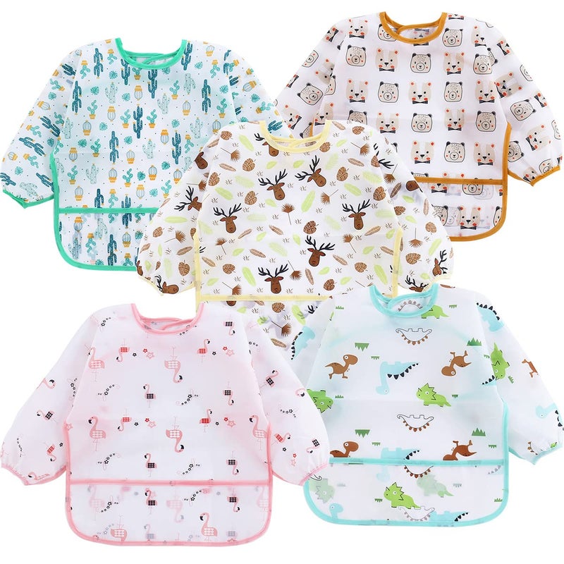 PandaEar 5 Pack Long Sleeve Bibs for Babies 624 Months Lightweight Waterproof Toddler Smock for Eating Messy Art Washable Weaning Bibs with StayOpen Pocket Breathable TravelFriendly - Image 2