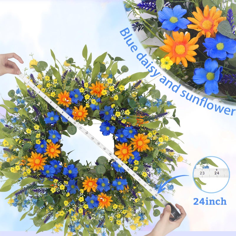 LOKEISNA Daisy Sunflower Wreath Decor, 24 Inch Summer Wreaths for Front Door Outside, Handmade Blue Orange Floral Eucalyptus Wreath for Front Door Farmhouse Home DÃ©cor Gift - Image 2