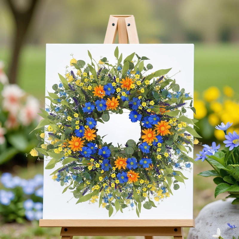 LOKEISNA Daisy Sunflower Wreath Decor, 24 Inch Summer Wreaths for Front Door Outside, Handmade Blue Orange Floral Eucalyptus Wreath for Front Door Farmhouse Home DÃ©cor Gift - Image 3