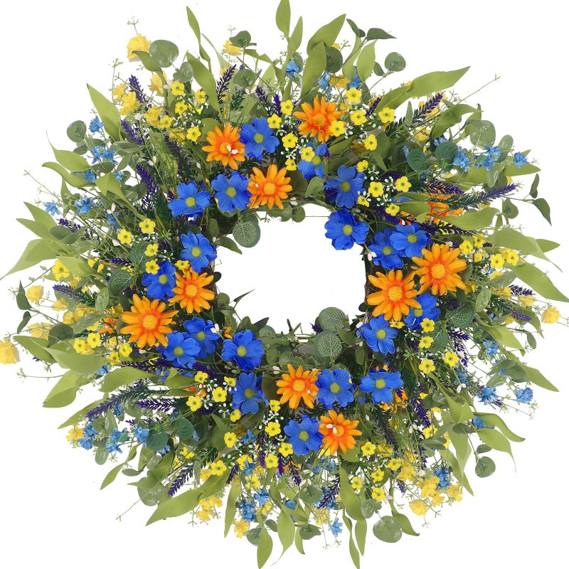 LOKEISNA Daisy Sunflower Wreath Decor, 24 Inch Summer Wreaths for Front Door Outside, Handmade Blue Orange Floral Eucalyptus Wreath for Front Door Farmhouse Home DÃ©cor Gift - Image 1