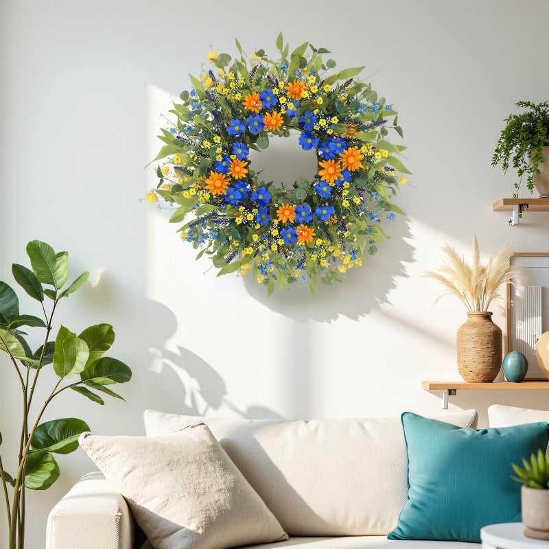 LOKEISNA Daisy Sunflower Wreath Decor, 24 Inch Summer Wreaths for Front Door Outside, Handmade Blue Orange Floral Eucalyptus Wreath for Front Door Farmhouse Home DÃ©cor Gift - Image 5