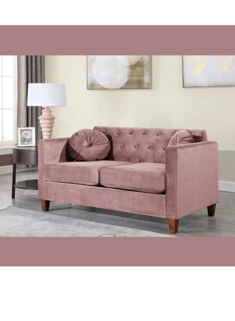 Wooden Twist Velvet Square Arm Loveseat 2-Seater Sofa ( Pink ) - Image 1