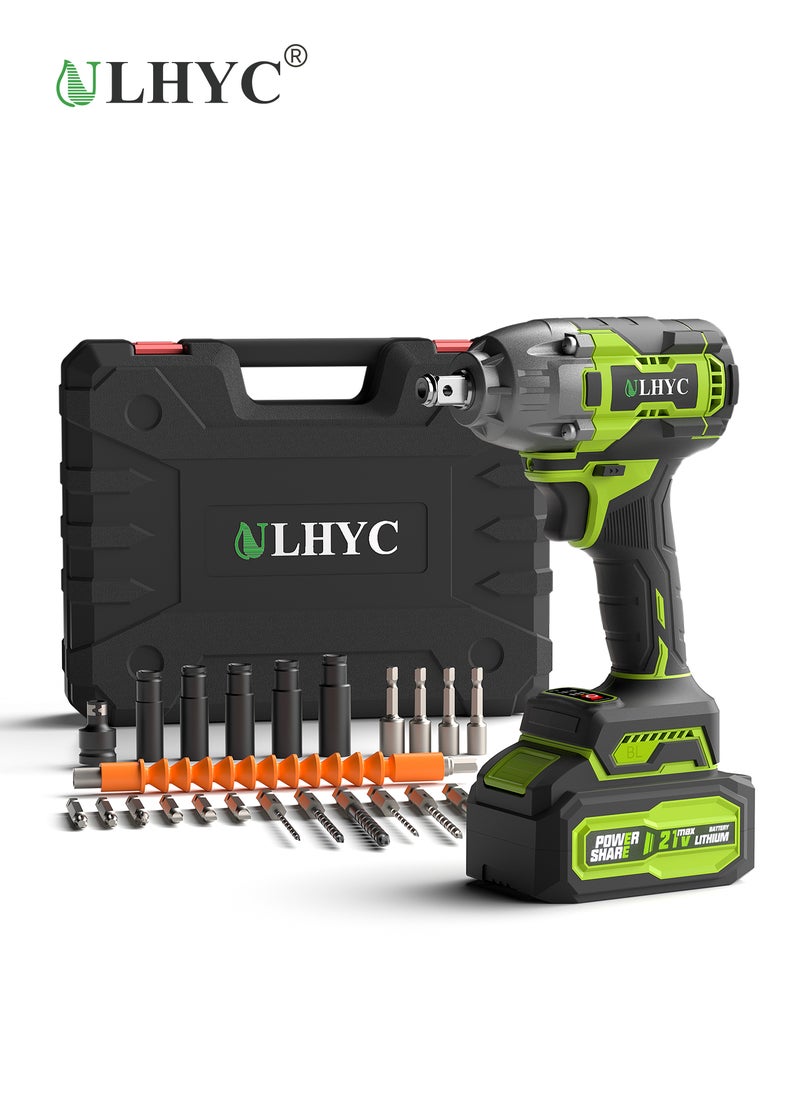 ULHYC - 21V MAX Cordless Brushless Lithium-Ion Impact Wrench Set, Max Torque 350N.m, 3200 rpm, with 2 x 4000mAh Batteries, Multi-functional Accessories and Tool Box - Image 1