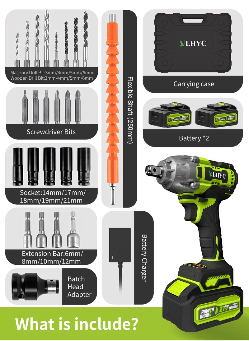 ULHYC - 21V MAX Cordless Brushless Lithium-Ion Impact Wrench Set, Max Torque 350N.m, 3200 rpm, with 2 x 4000mAh Batteries, Multi-functional Accessories and Tool Box - Image 1