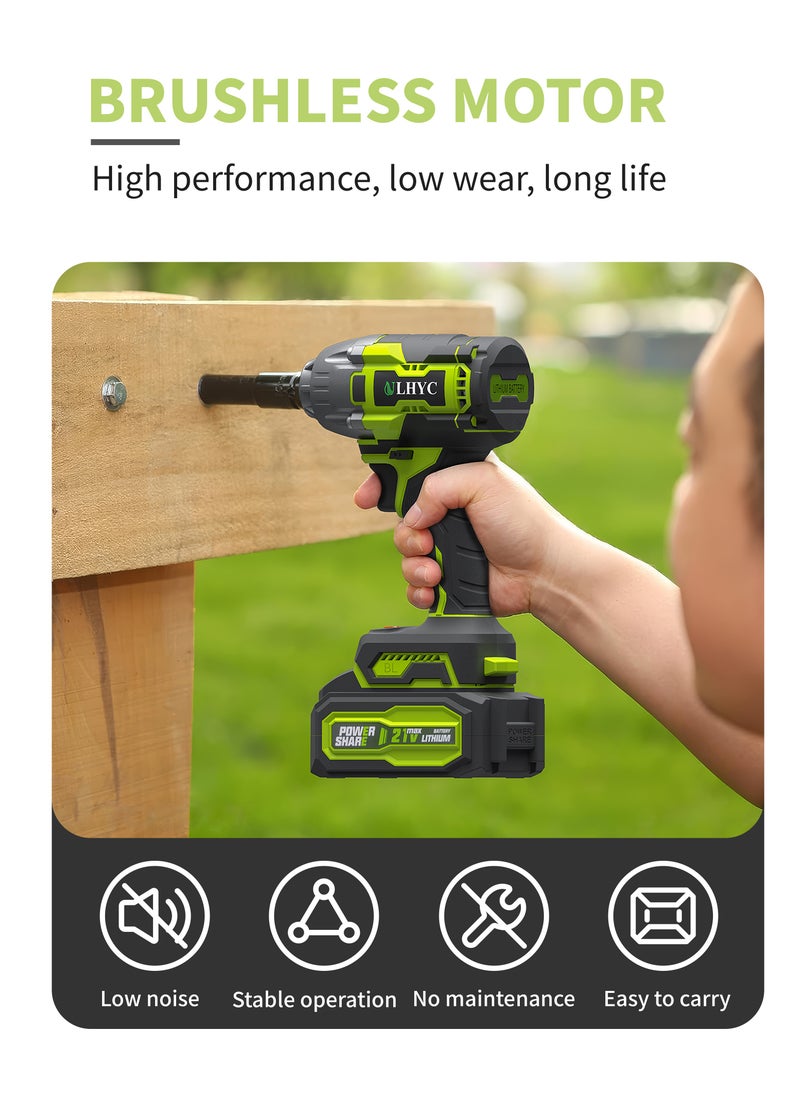 ULHYC - 21V MAX Cordless Brushless Lithium-Ion Impact Wrench Set, Max Torque 350N.m, 3200 rpm, with 2 x 4000mAh Batteries, Multi-functional Accessories and Tool Box - Image 1