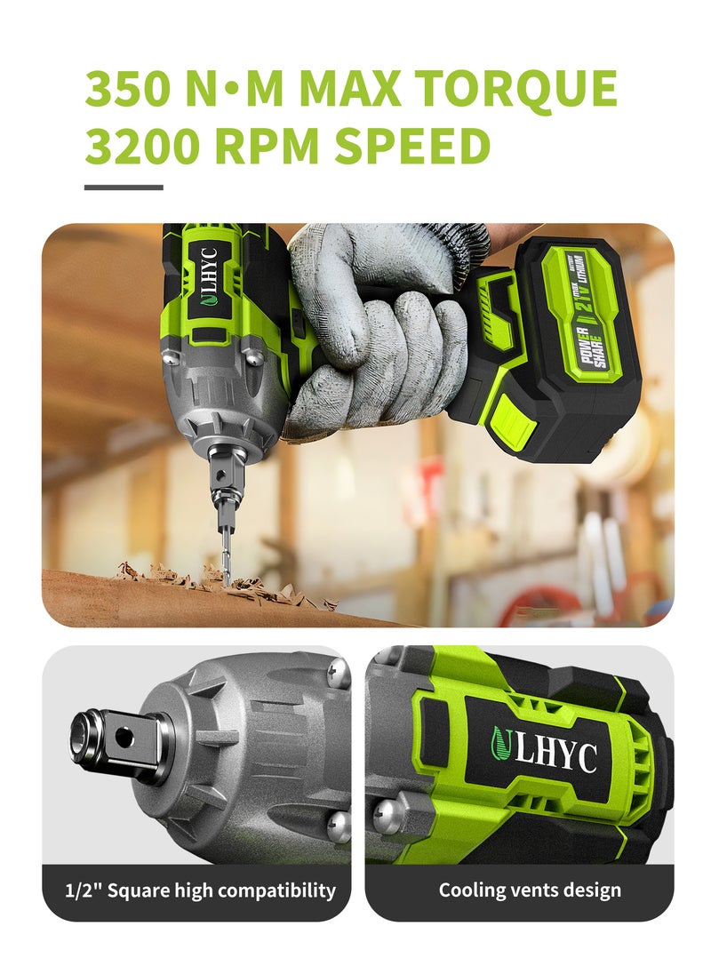 ULHYC - 21V MAX Cordless Brushless Lithium-Ion Impact Wrench Set, Max Torque 350N.m, 3200 rpm, with 2 x 4000mAh Batteries, Multi-functional Accessories and Tool Box - Image 1