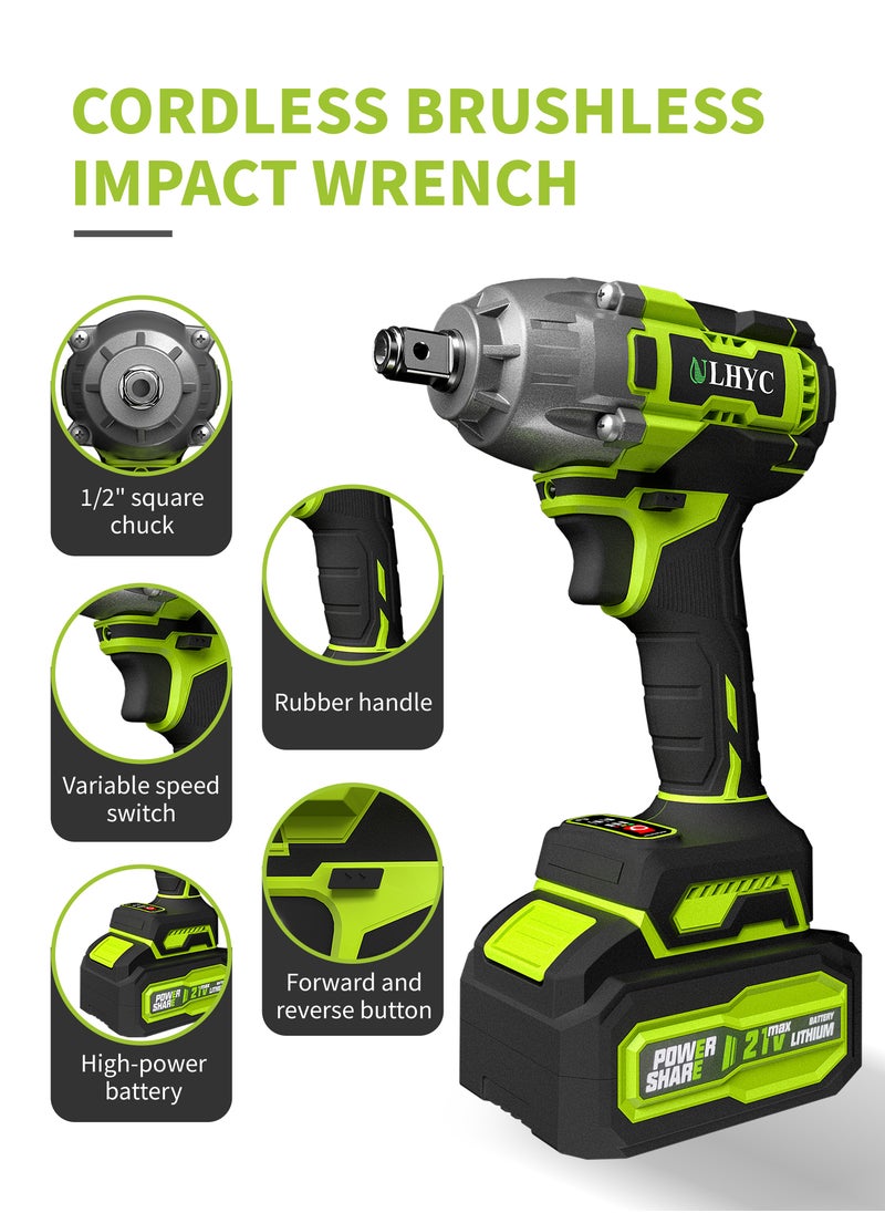 ULHYC - 21V MAX Cordless Brushless Lithium-Ion Impact Wrench Set, Max Torque 350N.m, 3200 rpm, with 2 x 4000mAh Batteries, Multi-functional Accessories and Tool Box - Image 1