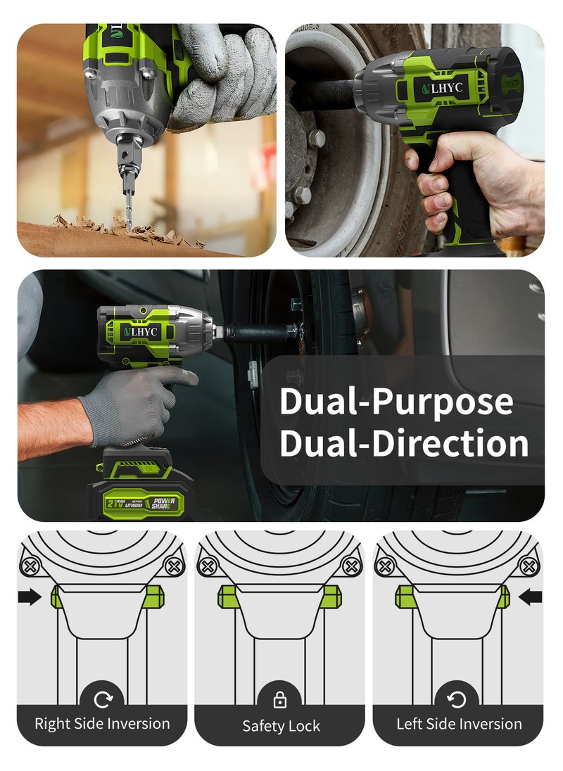 ULHYC - 21V MAX Cordless Brushless Lithium-Ion Impact Wrench Set, Max Torque 350N.m, 3200 rpm, with 2 x 4000mAh Batteries, Multi-functional Accessories and Tool Box - Image 1