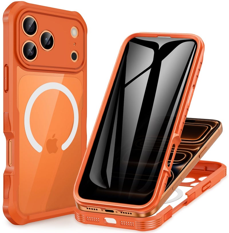 CENHUFO Magnetic Privacy for iPhone 17 Pro Case [Compatible with Magsafe] Full Body Phone Case Built-in 9H Tempered Glass Privacy Screen Protector, Camera Protection Shockproof Bumper Cover -Orange - Image 1