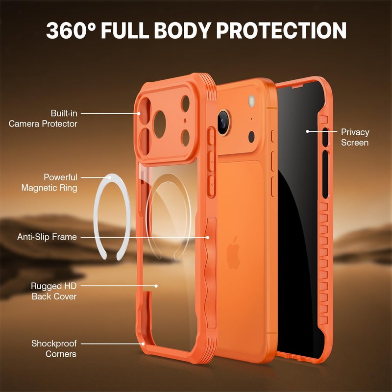 CENHUFO Magnetic Privacy for iPhone 17 Pro Case [Compatible with Magsafe] Full Body Phone Case Built-in 9H Tempered Glass Privacy Screen Protector, Camera Protection Shockproof Bumper Cover -Orange - Image 3