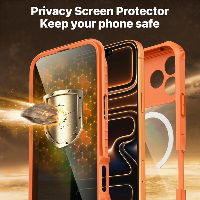 CENHUFO Magnetic Privacy for iPhone 17 Pro Case [Compatible with Magsafe] Full Body Phone Case Built-in 9H Tempered Glass Privacy Screen Protector, Camera Protection Shockproof Bumper Cover -Orange - Image 5