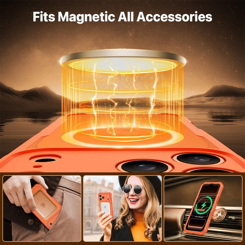 CENHUFO Magnetic Privacy for iPhone 17 Pro Case [Compatible with Magsafe] Full Body Phone Case Built-in 9H Tempered Glass Privacy Screen Protector, Camera Protection Shockproof Bumper Cover -Orange - Image 4