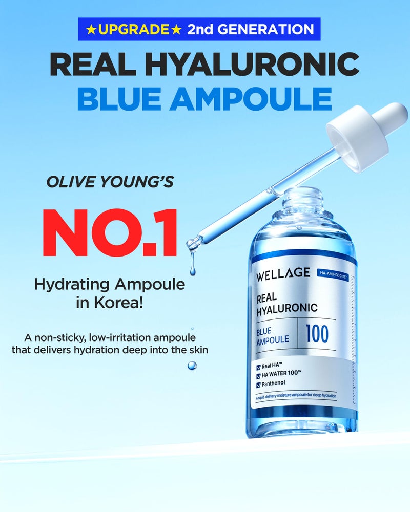 WELLAGE Real Hyaluronic Blue Ampoule 100, Korean Skincare, Fragrance Free Hyaluronic Acid Serum with Panthenol, Wild yam, Centella for Sensitive Dry Skin Moisturizer 1.01 fl.oz - Image 3