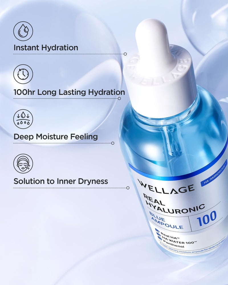 WELLAGE Real Hyaluronic Blue Ampoule 100, Korean Skincare, Fragrance Free Hyaluronic Acid Serum with Panthenol, Wild yam, Centella for Sensitive Dry Skin Moisturizer 1.01 fl.oz - Image 5