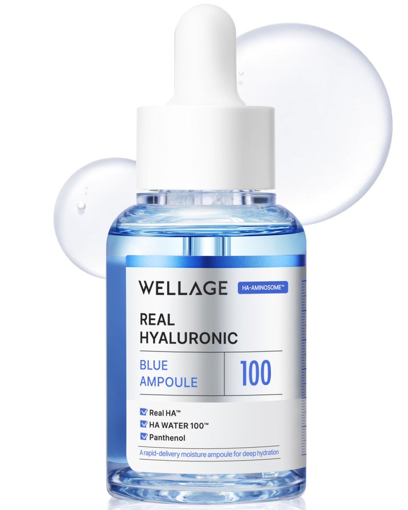 WELLAGE Real Hyaluronic Blue Ampoule 100, Korean Skincare, Fragrance Free Hyaluronic Acid Serum with Panthenol, Wild yam, Centella for Sensitive Dry Skin Moisturizer 1.01 fl.oz - Image 1