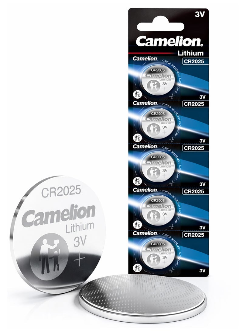Camelion CR2025 Lithium Coin Battery 3V Pack of 5 – Long Lasting Button Cell Batteries for Watches, Car Remote, Toys & Small Electronics - Image 1