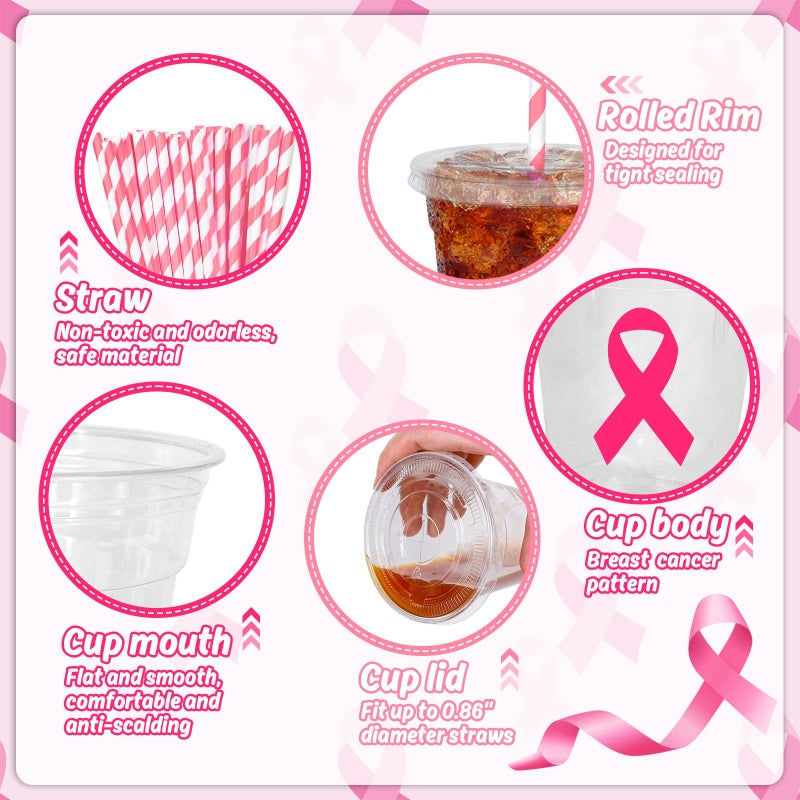 Whaline أكواب بلاستيكية قابلة للاستخدام لمرة واحدة بغطاء وقش 50 قطعة للتوعية بسرطان الثدي 12 أونصة بشريط وردي لأحداث خيرية ولوازم حفلات النساء - Image 3