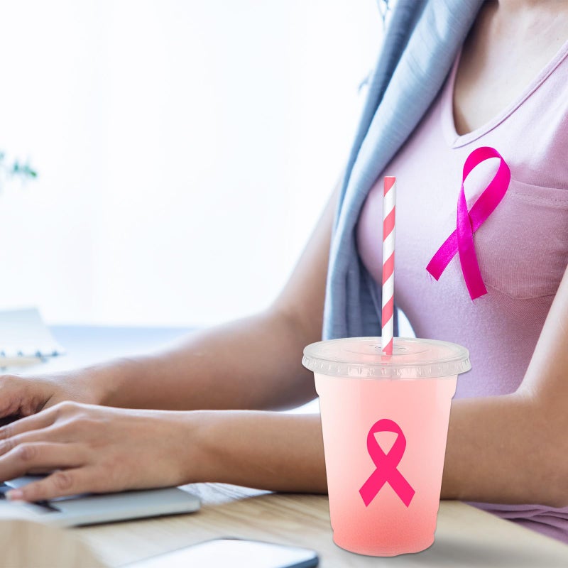 Whaline أكواب بلاستيكية قابلة للاستخدام لمرة واحدة بغطاء وقش 50 قطعة للتوعية بسرطان الثدي 12 أونصة بشريط وردي لأحداث خيرية ولوازم حفلات النساء - Image 5