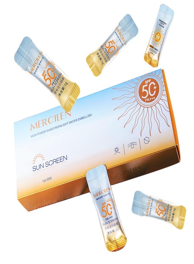Okerker 30 قطعة من واقي الشمس الصغير بعامل حماية SPF50+ PA+++ - عبوة كبيرة من واقي الشمس بحجم مناسب للسفر للوجه والجسم، خفيف الوزن وغير دهني، مقاوم للماء، مثالي لحفلات الصيف وهدايا الشكر - Image 1