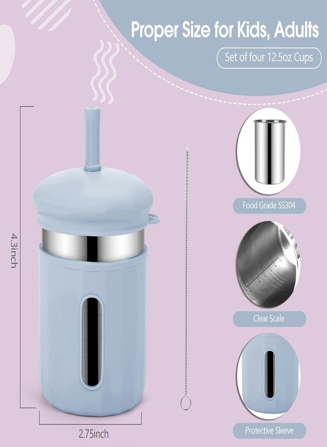 Beyoung Kids Cups with Straws and Lids, 12.5oz Stainless Steel Kids Straw Cups with Silicone Sleeves, Spill Proof, Durable Drinking Cups for Kid and Adults,4PACK (Gray+Blue+Purple+Coral) - Image 2