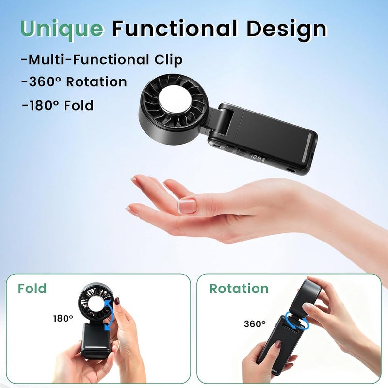 4-IN-1 Clip-On Portable Fan Rechargeable Handheld Mini Fan with Ice Cooler, 5 Gear High Speed 360° Rotatable Small Fans, for Outdoor, Travel, Beach, and Office (Black) - Image 5