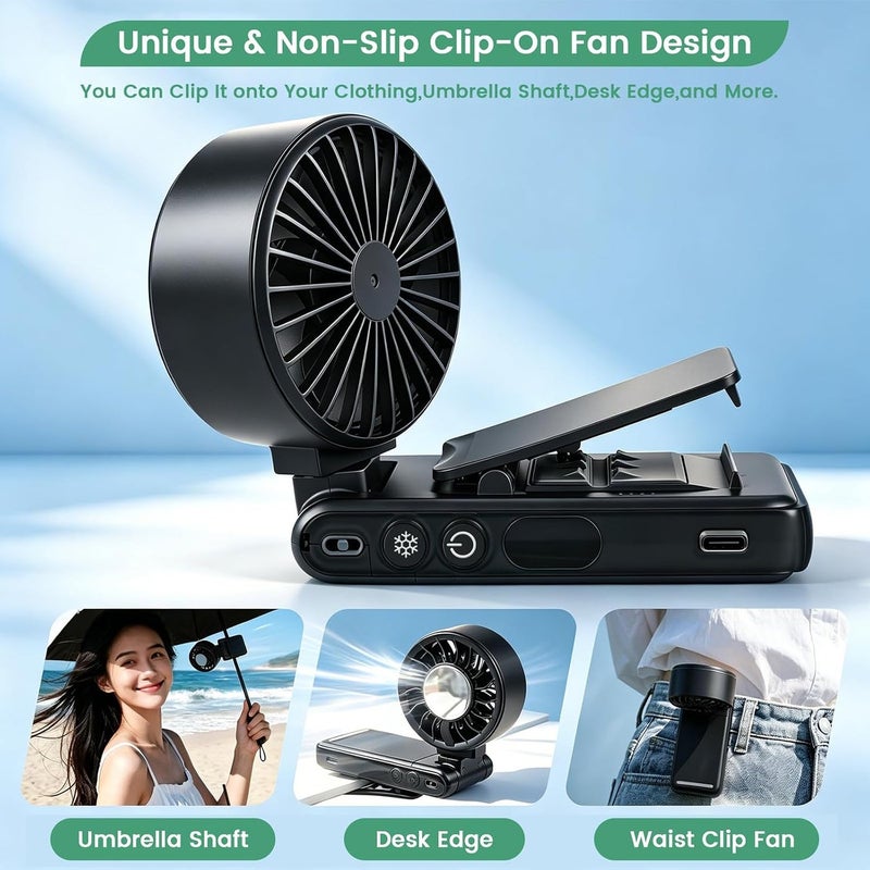 4-IN-1 Clip-On Portable Fan Rechargeable Handheld Mini Fan with Ice Cooler, 5 Gear High Speed 360° Rotatable Small Fans, for Outdoor, Travel, Beach, and Office (Black) - Image 3