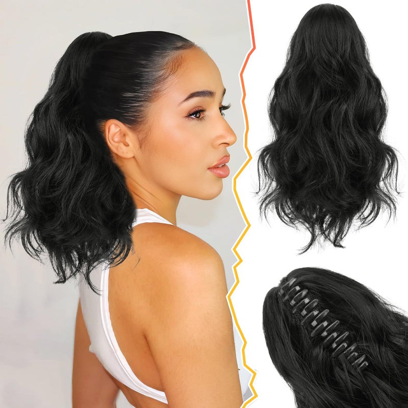 BARSDAR Claw Clip in Ponytail Extensions - 14 Inch Short Wavy Black Ponytail Hair Extensions for Women - Synthetic Claw Clip in Pony Tails Hairpieces Fake Pony Tails - Black - Image 1