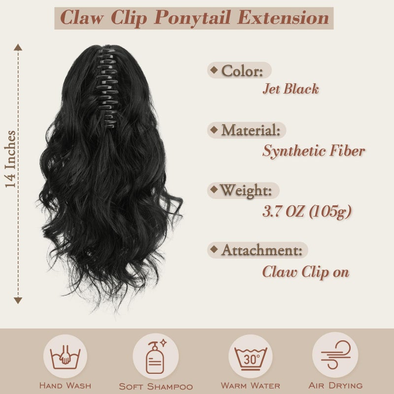 BARSDAR Claw Clip in Ponytail Extensions - 14 Inch Short Wavy Black Ponytail Hair Extensions for Women - Synthetic Claw Clip in Pony Tails Hairpieces Fake Pony Tails - Black - Image 2